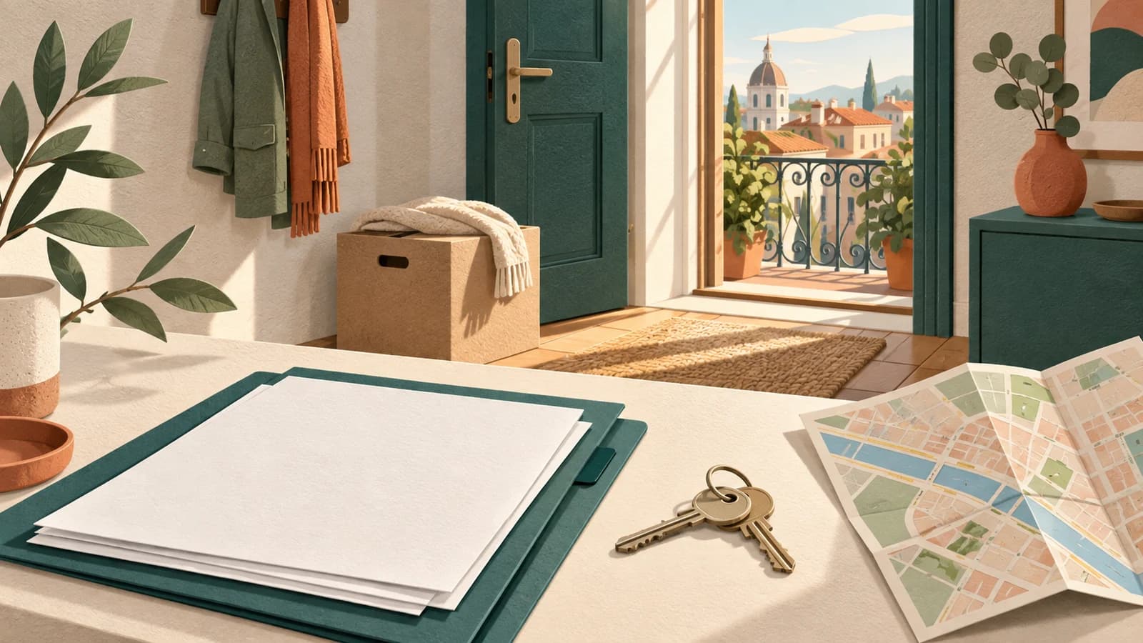 Schlüssel, Dokumentenmappe und Stadtplan in einer neuen Wohnung als Illustration zum Ankommen im Ausland